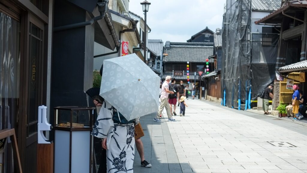 Kawagoe Street With Woman In Kimono With Umbrella