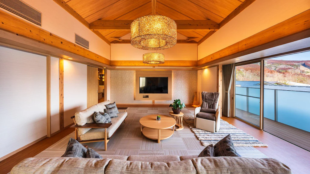 Yufuin Hanayoshi ryokan with views of Mount Yufu in Kyushu