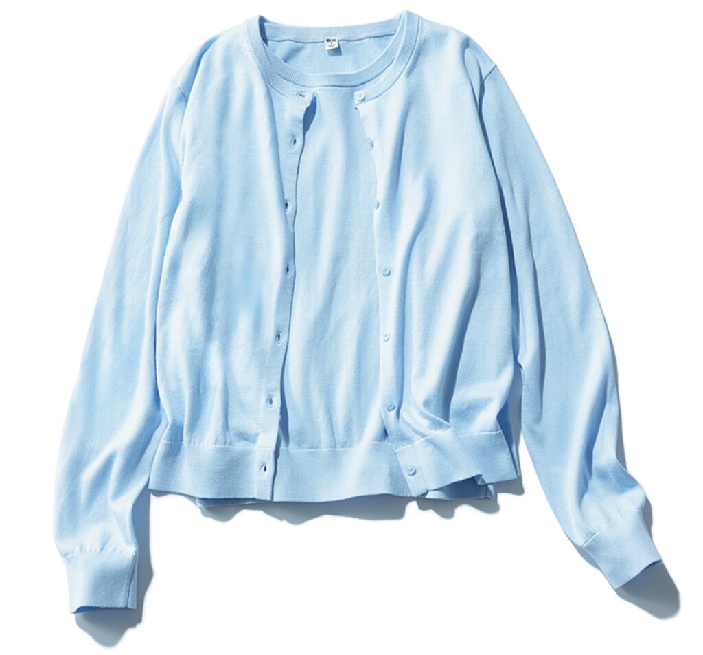 What to Buy in Uniqlo Japan (2026): 12 Best Fashion, Basics, and Travel Finds 11 UNIQLO cool blue UV cut knit cardigan and matching short sleeve top