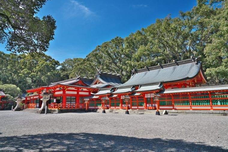 Vermilion shrine buildings at Kumano Hayatama Taisha in Shingu