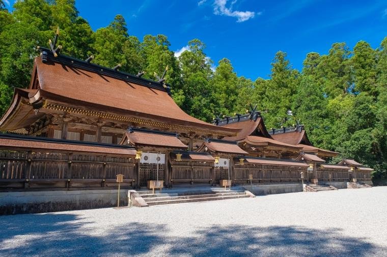 Traditional shrine buildings at Kumano Hongu Taisha in Wakayama