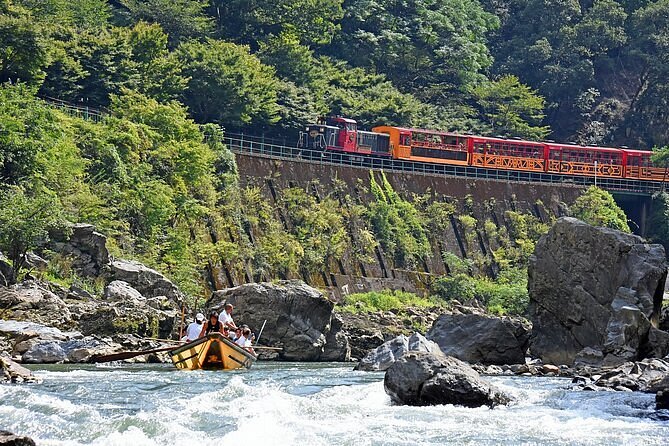 Sagano Scenic Railway traveling through the Hozu Gorge near Arashiyama