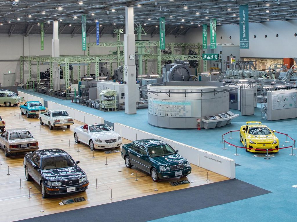 Industrial machinery exhibits inside the Toyota Commemorative Museum in Nagoya