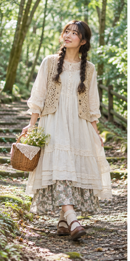 Mori Girl fashion illustration featuring romantic layers, lace details and a soft woodland-inspired color palette