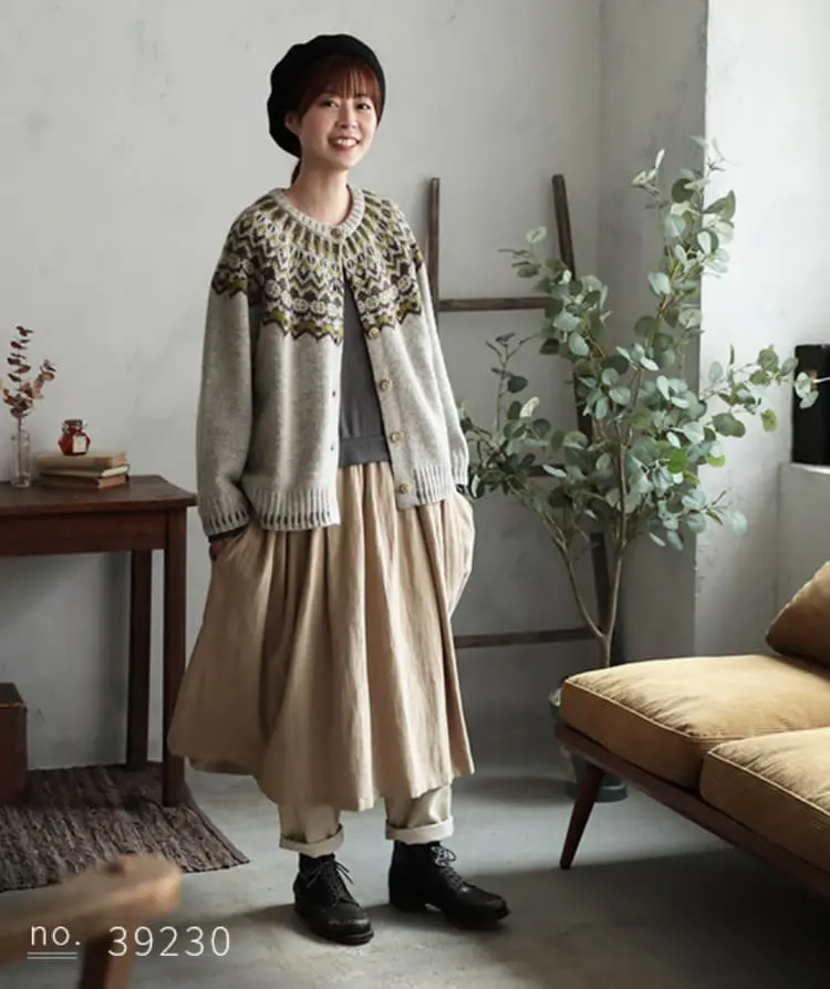 Example of Mori Girl Japanese street fashion with soft, vintage-inspired clothing and layered natural tones